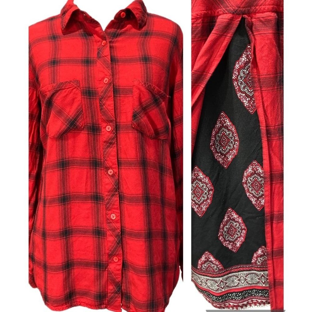 New York & Company Soho Womens Button Up Shirt Red Plaid Inset Back Pocket S